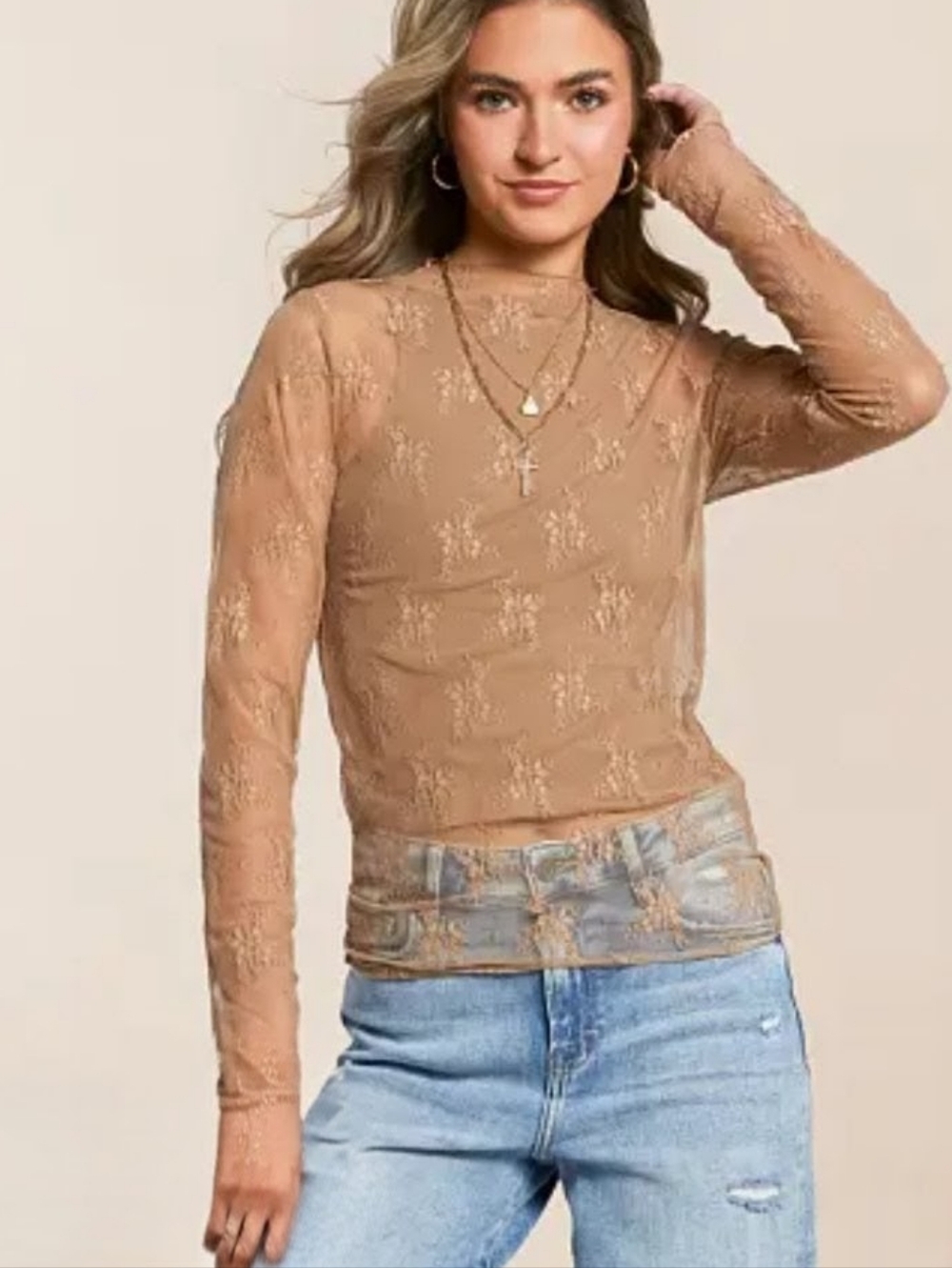 Sheer Lace Long Sleeve Top in Tan Brown